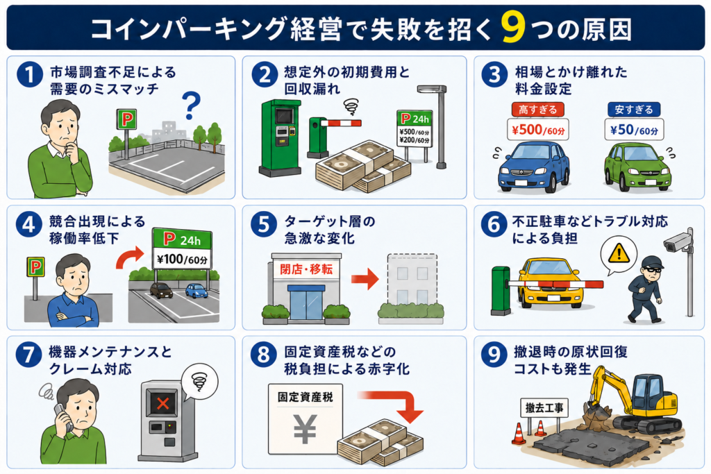 コインパーキング経営の失敗原因として需要ミスマッチ・初期費用・料金設定・競合・税負担を解説した図解